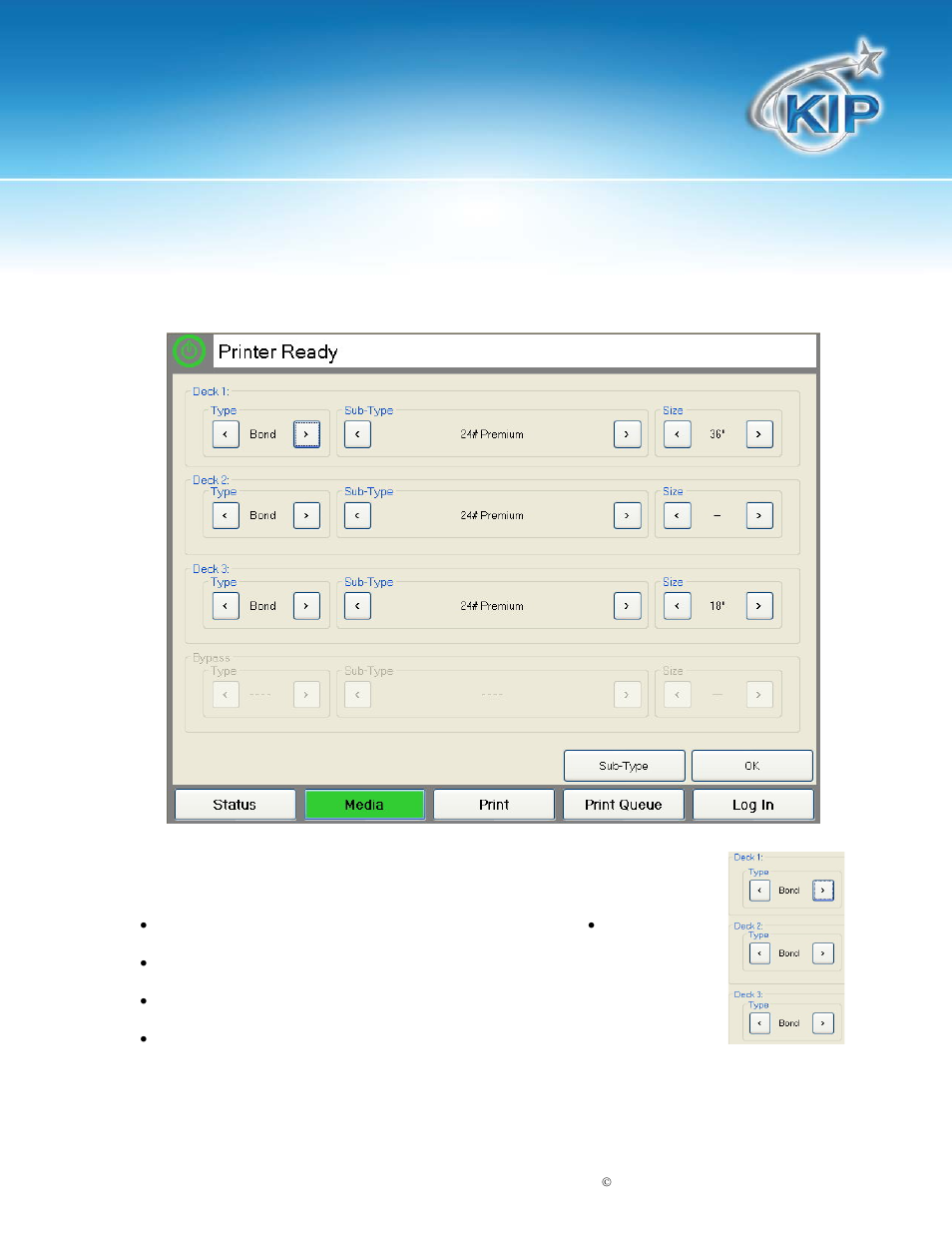 Media, Decks, Sub-type | Kip c7800 touchscreen software | Konica Minolta KIP C7800 User Manual | Page 26 / 42