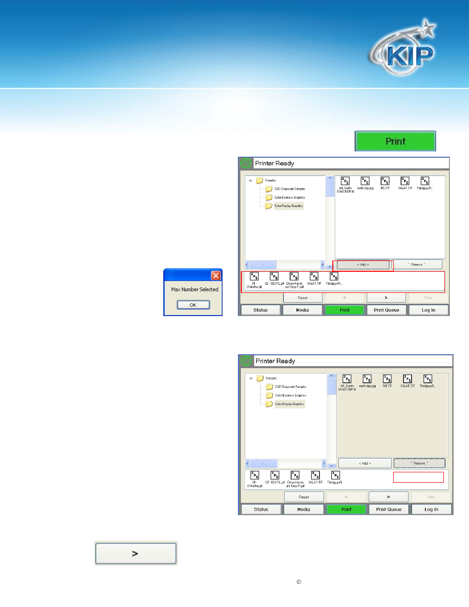 Selecting files to be printed, Kip c7800 touchscreen software | Konica Minolta KIP C7800 User Manual | Page 30 / 42