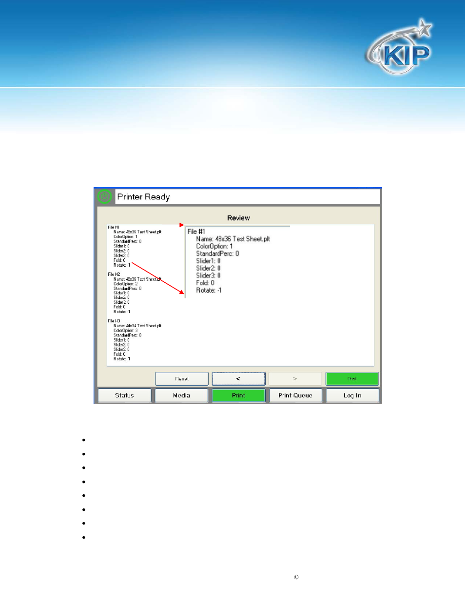 File set up – print job review, Kip c7800 touchscreen software | Konica Minolta KIP C7800 User Manual | Page 36 / 42