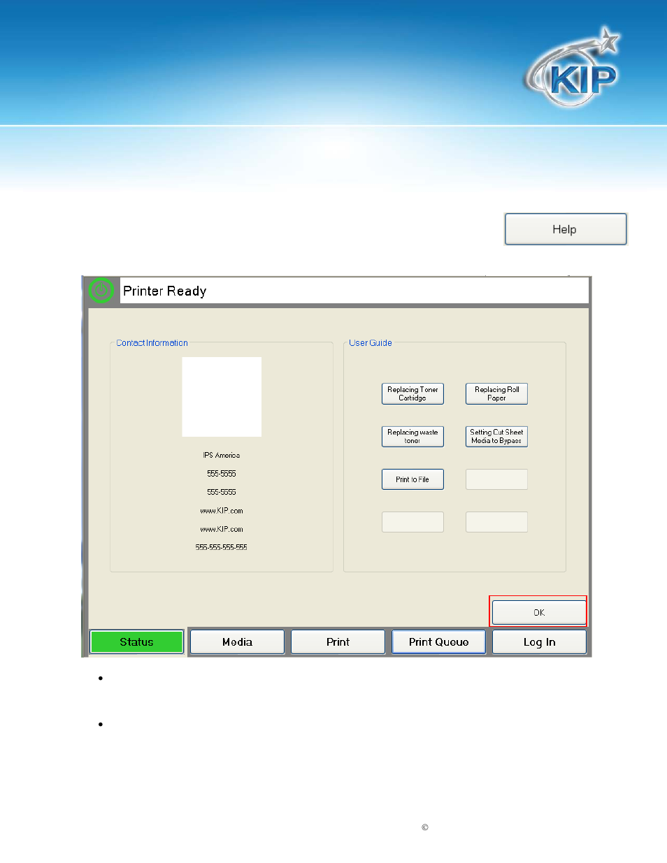 Help screen, Kip c7800 touchscreen software, Help | Konica Minolta KIP C7800 User Manual | Page 38 / 42