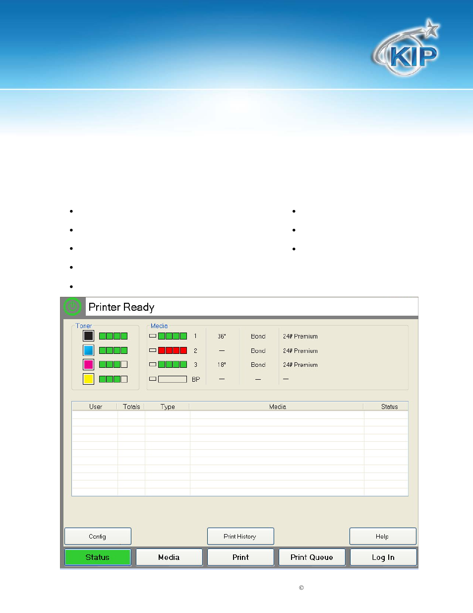 Status screen, Kip c7800 - touchscreen | Konica Minolta KIP C7800 User Manual | Page 6 / 42