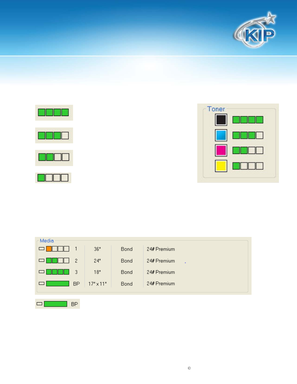 Toner, Media, Kip c7800 touchscreen software | Konica Minolta KIP C7800 User Manual | Page 8 / 42