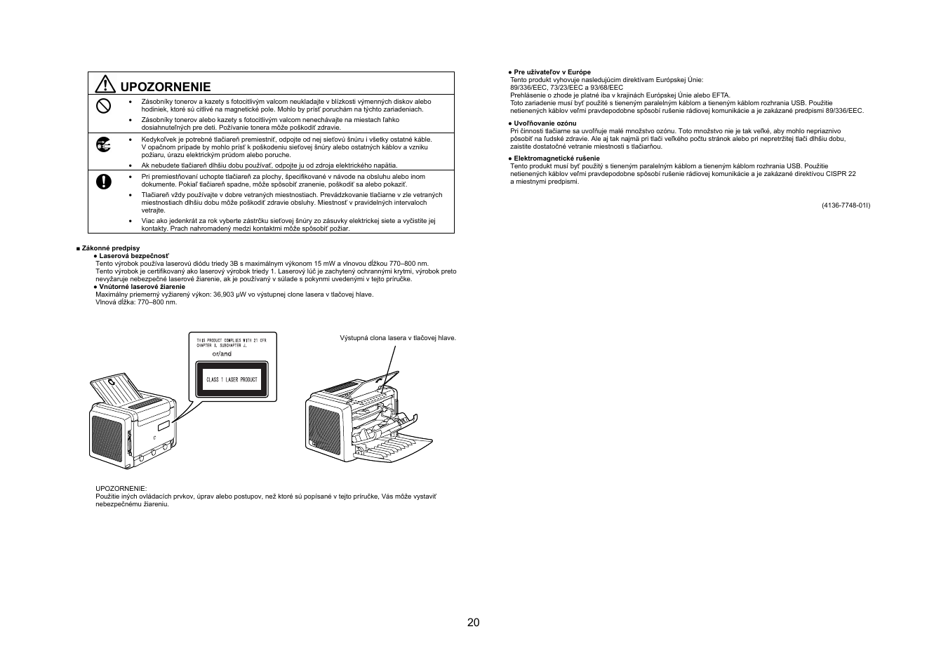 Upozornenie | Konica Minolta PagePro 1300 Series User Manual | Page 21 / 46
