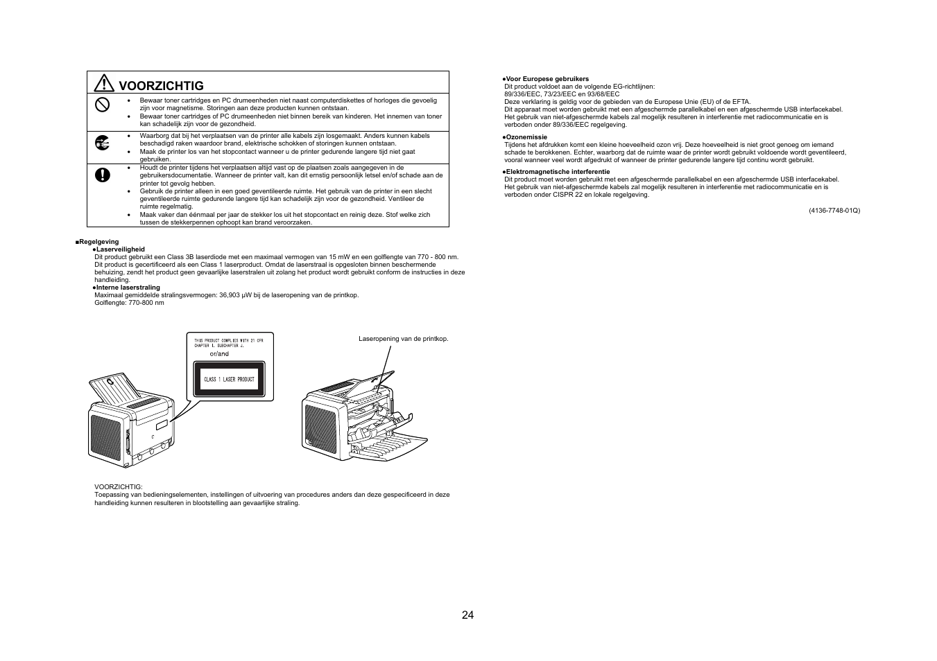 Voorzichtig | Konica Minolta PagePro 1300 Series User Manual | Page 25 / 46