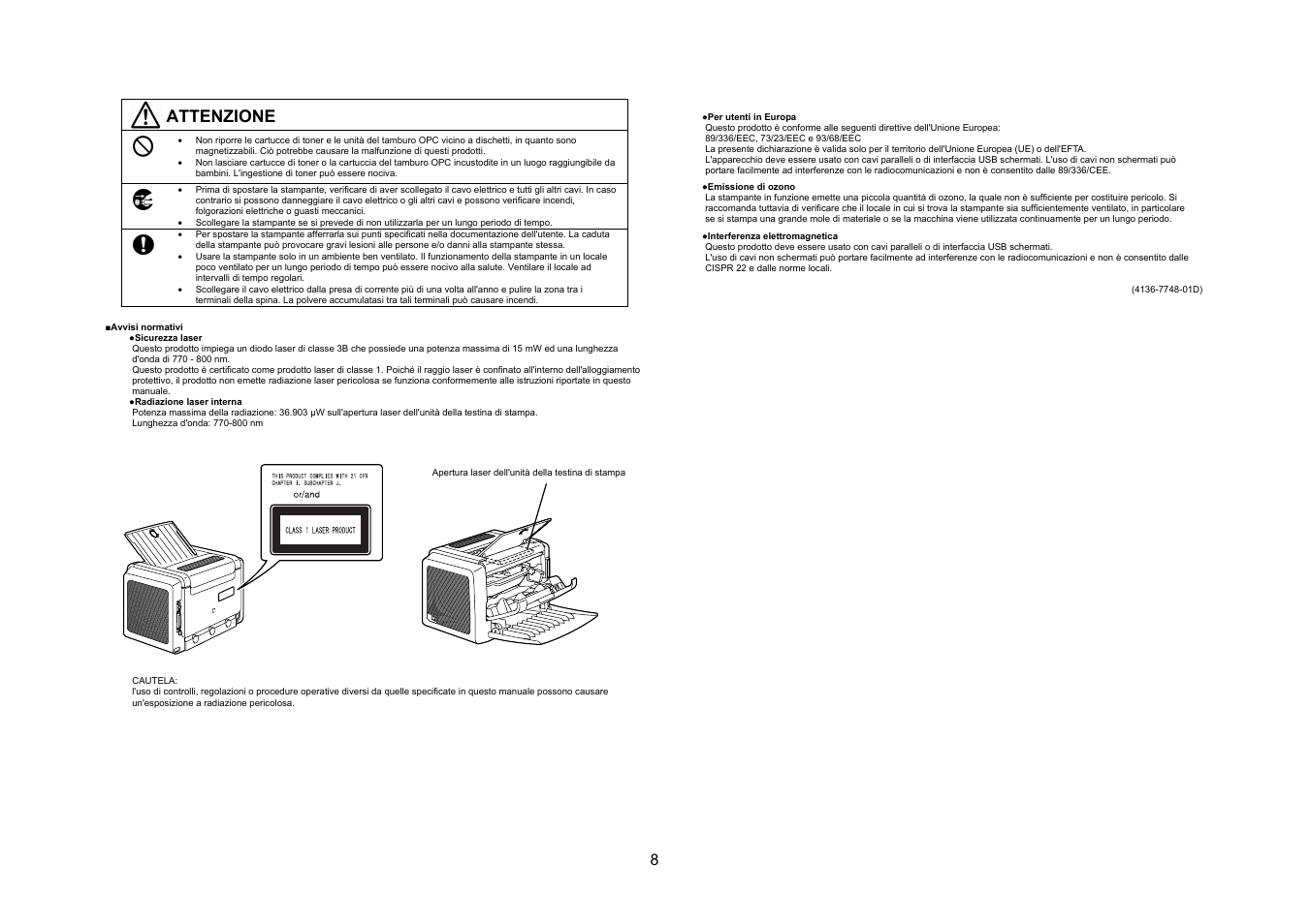 Attenzione | Konica Minolta PagePro 1300 Series User Manual | Page 9 / 46