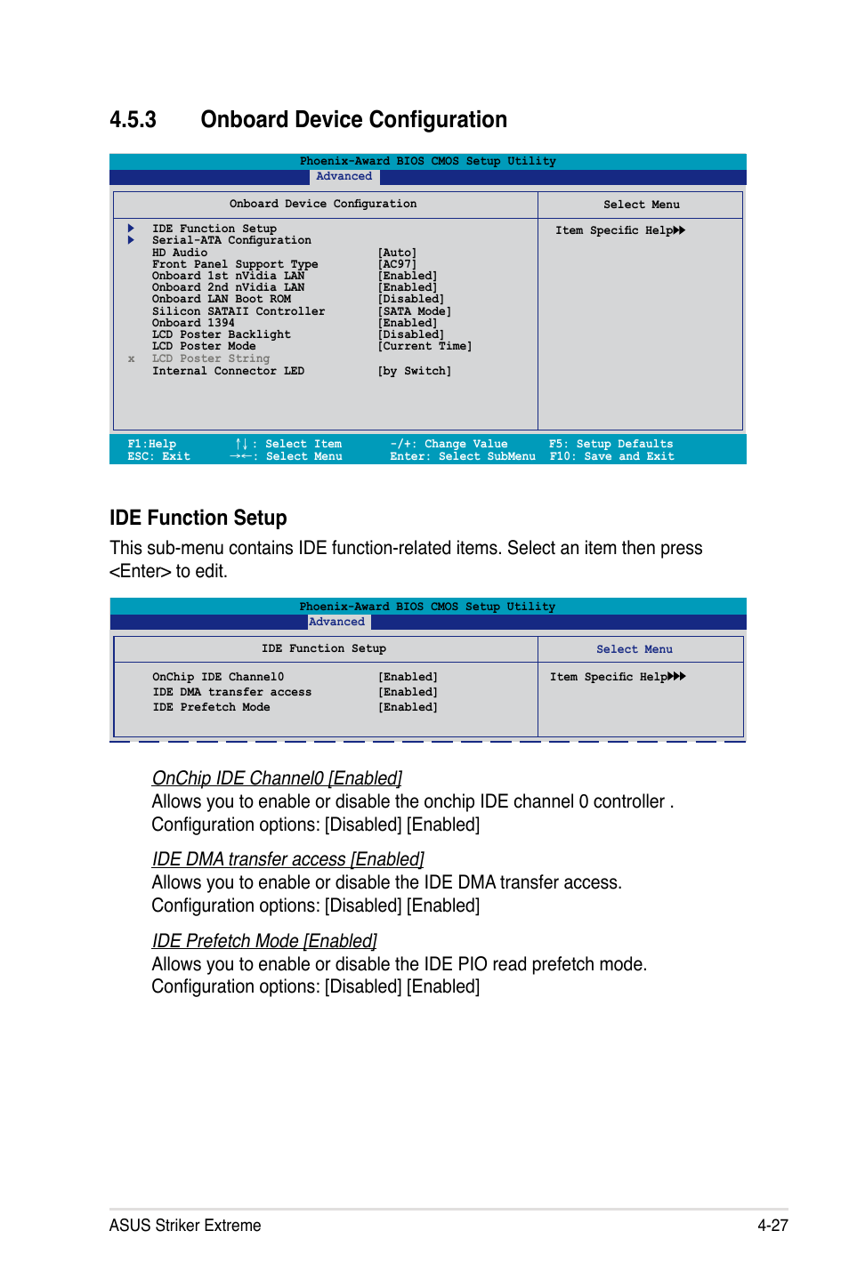 3 onboard device configuration, Ide function setup, Asus striker extreme 4-27 | Asus Striker Extreme User Manual | Page 101 / 172