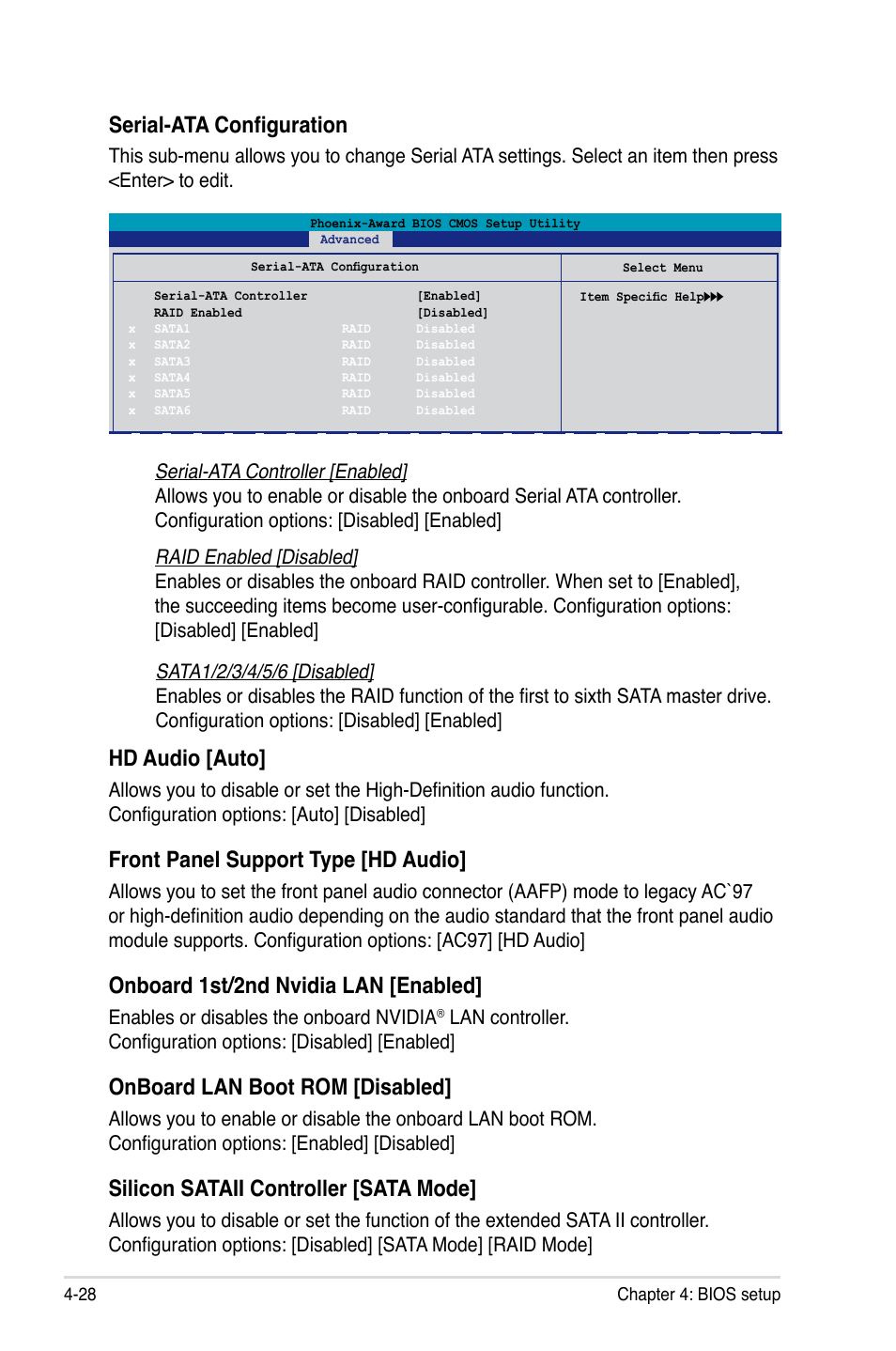 Serial-ata configuration, Hd audio [auto, Front panel support type [hd audio | Onboard 1st/2nd nvidia lan [enabled, Onboard lan boot rom [disabled, Silicon sataii controller [sata mode, Enables or disables the onboard nvidia | Asus Striker Extreme User Manual | Page 102 / 172