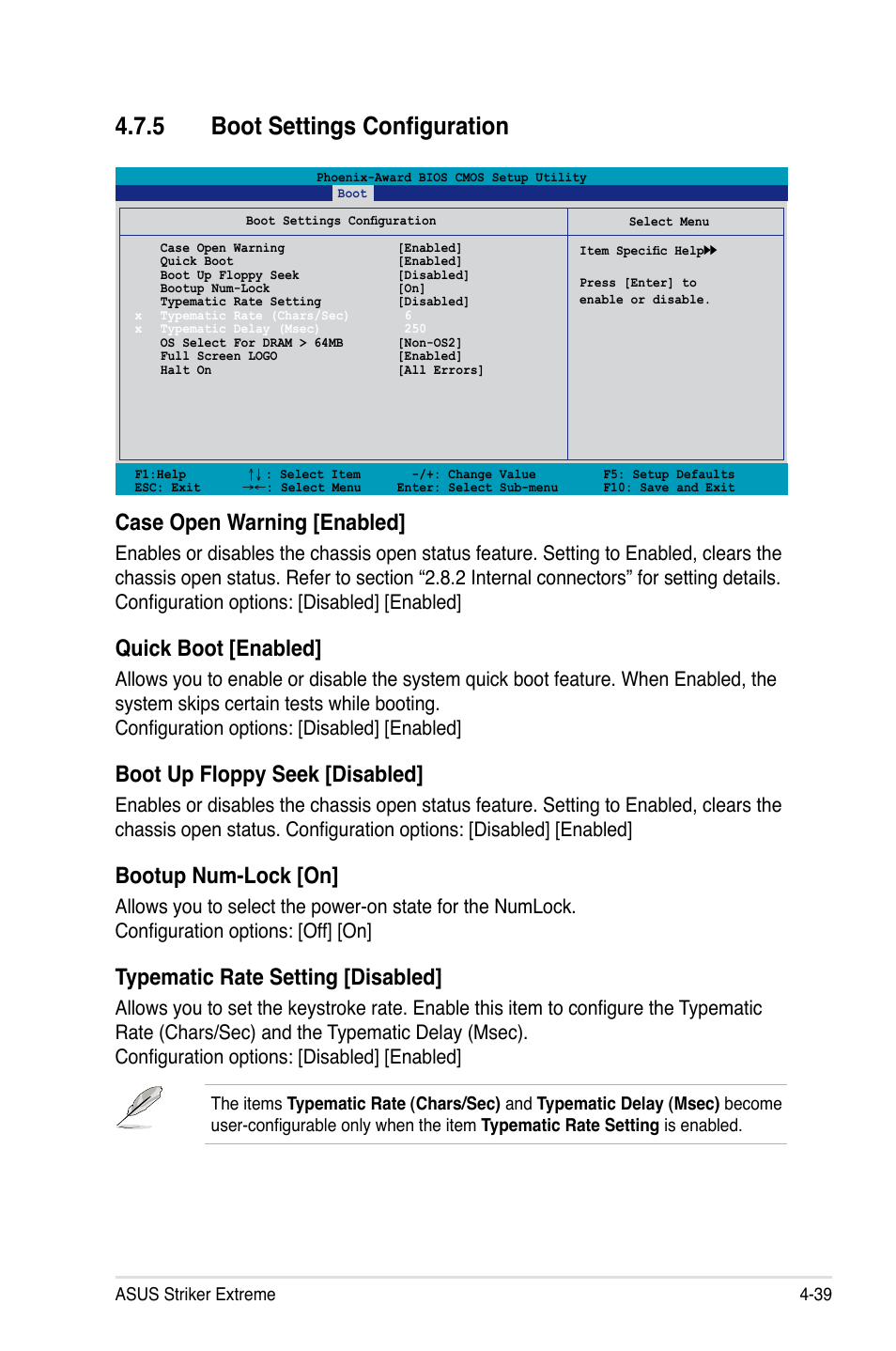 5 boot settings configuration, Case open warning [enabled, Quick boot [enabled | Boot up floppy seek [disabled, Bootup num-lock [on, Typematic rate setting [disabled | Asus Striker Extreme User Manual | Page 113 / 172