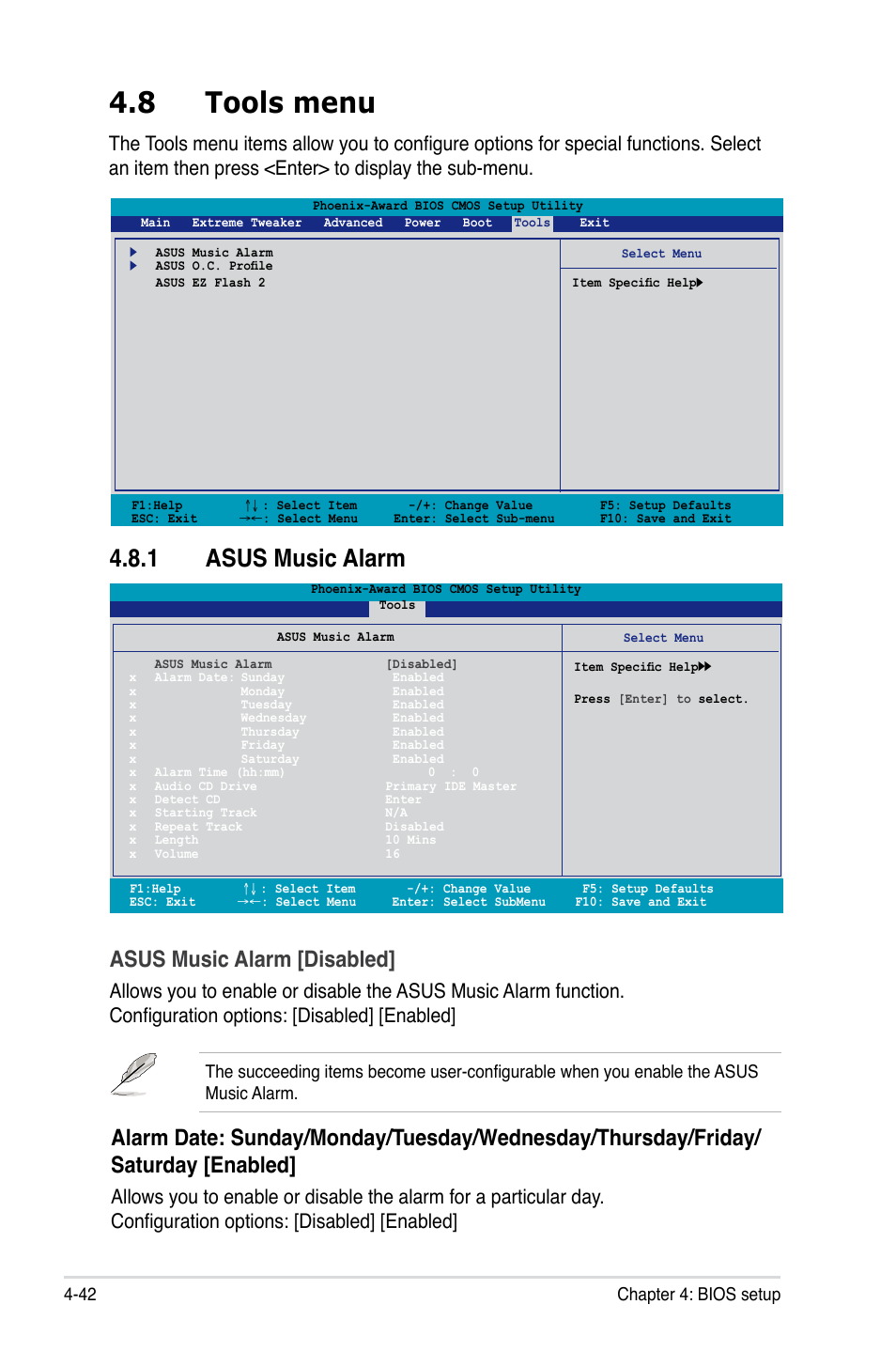 8 tools menu, 1 asus music alarm, Asus music alarm [disabled | Asus Striker Extreme User Manual | Page 116 / 172