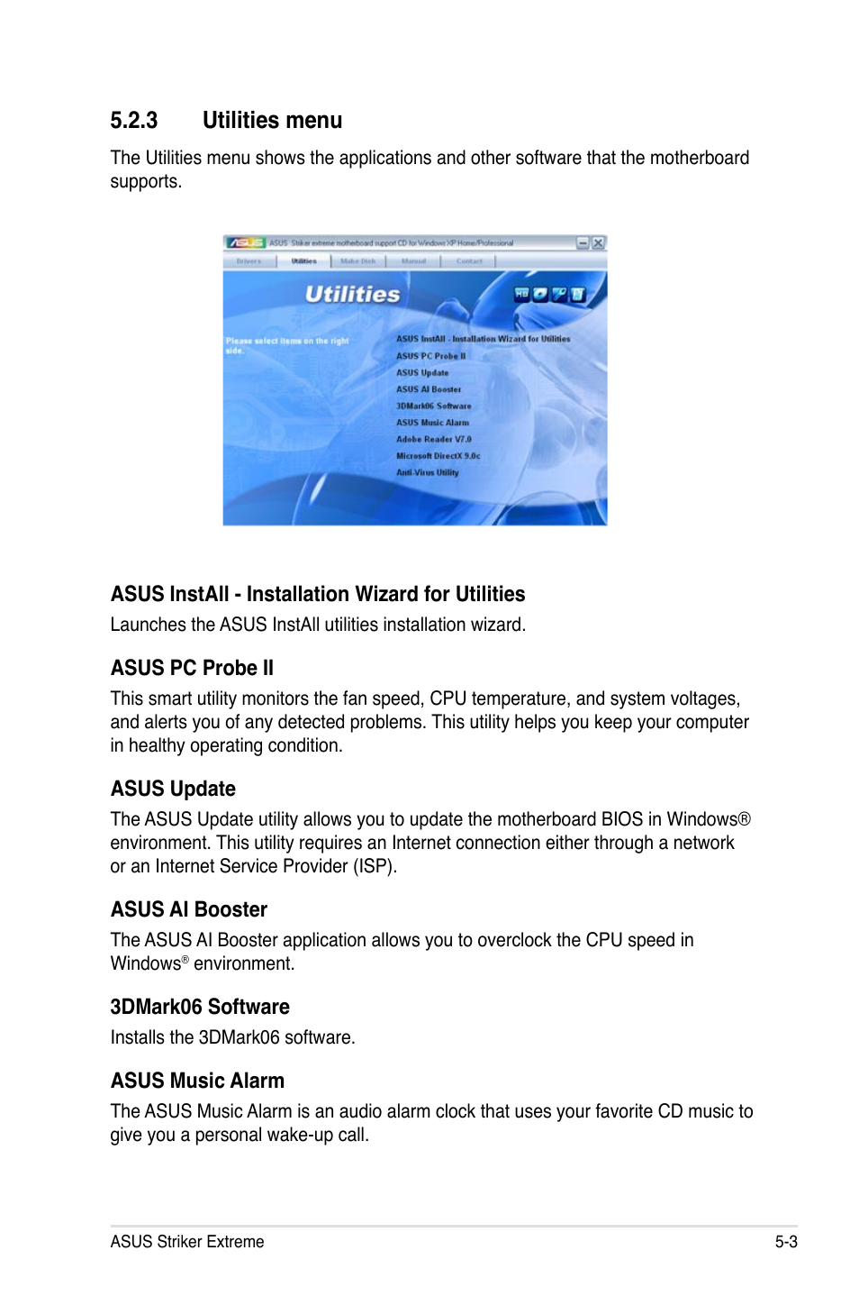 3 utilities menu | Asus Striker Extreme User Manual | Page 125 / 172