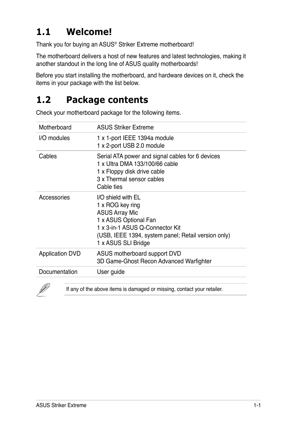 1 welcome, 2 package contents | Asus Striker Extreme User Manual | Page 17 / 172