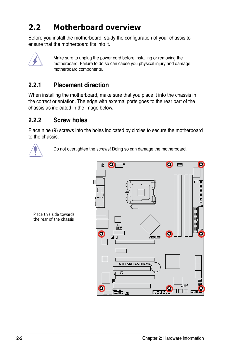 2 motherboard overview, 1 placement direction, 2 screw holes | Asus Striker Extreme User Manual | Page 28 / 172