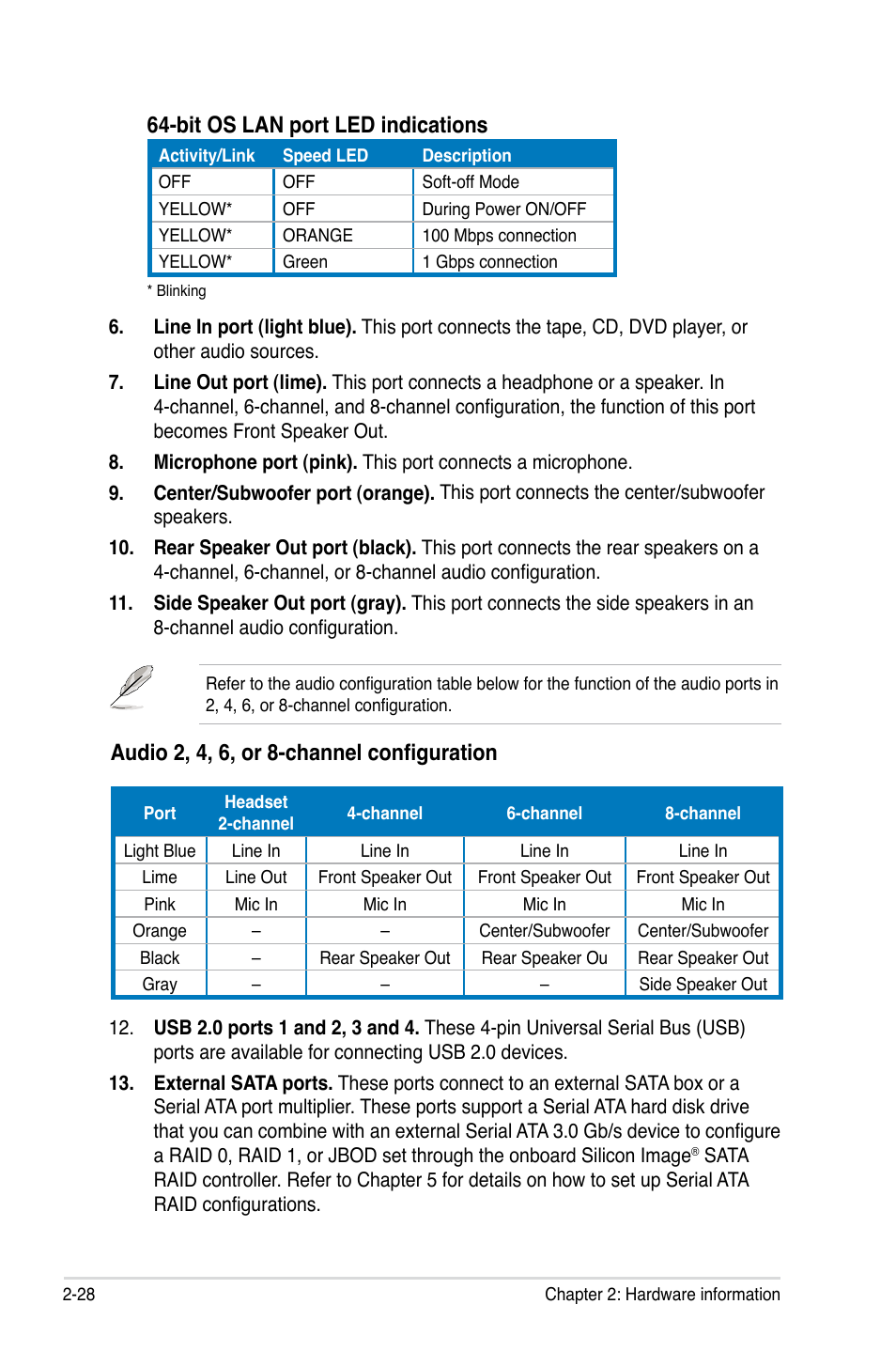 Bit os lan port led indications, Audio 2, 4, 6, or 8-channel configuration | Asus Striker Extreme User Manual | Page 54 / 172