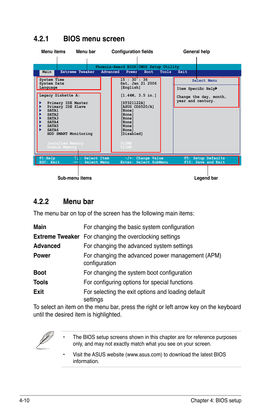 1 bios menu screen, 2 menu bar | Asus Striker Extreme User Manual | Page 84 / 172