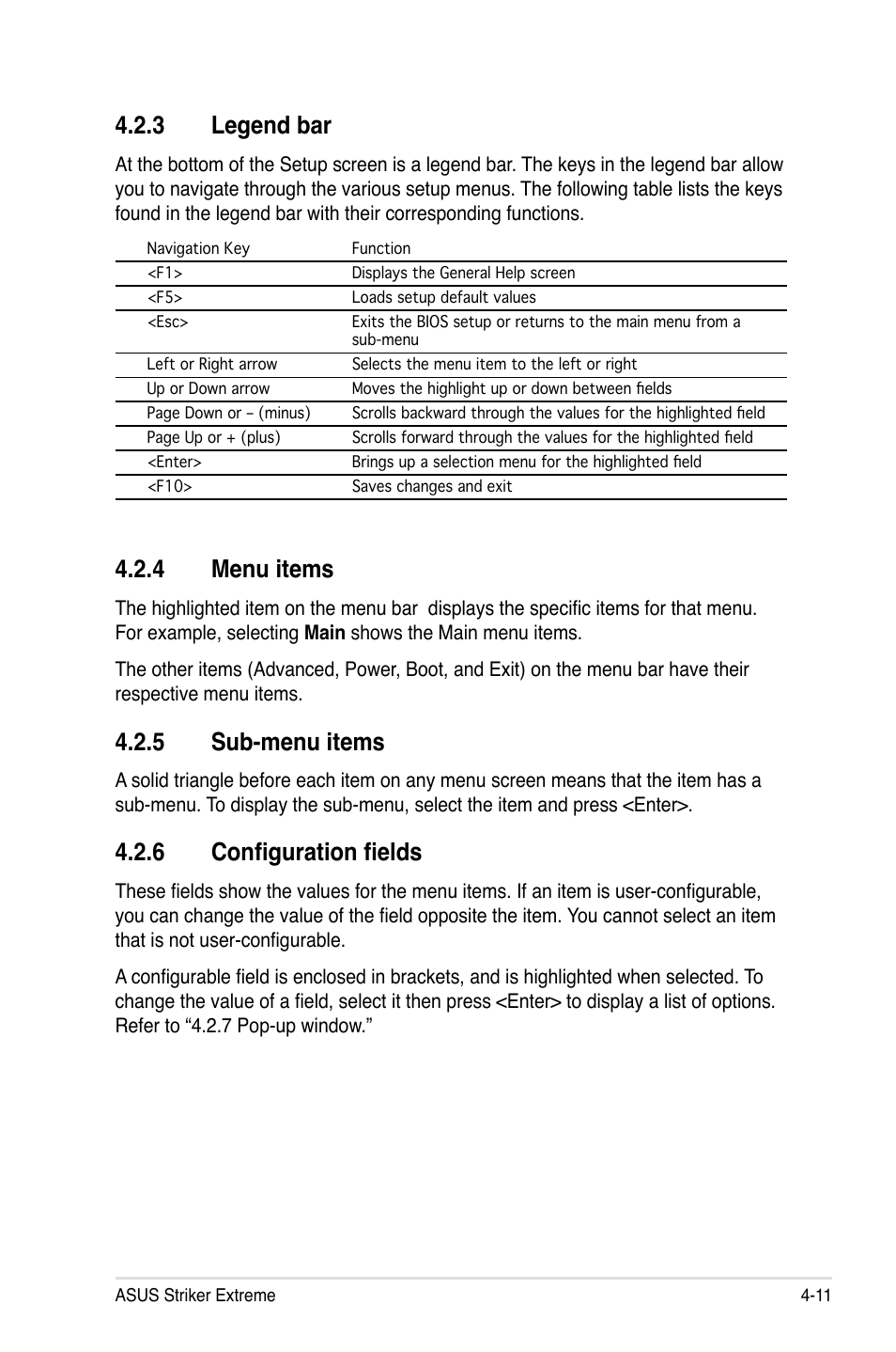 4 menu items, 5 sub-menu items, 6 configuration fields | 3 legend bar | Asus Striker Extreme User Manual | Page 85 / 172