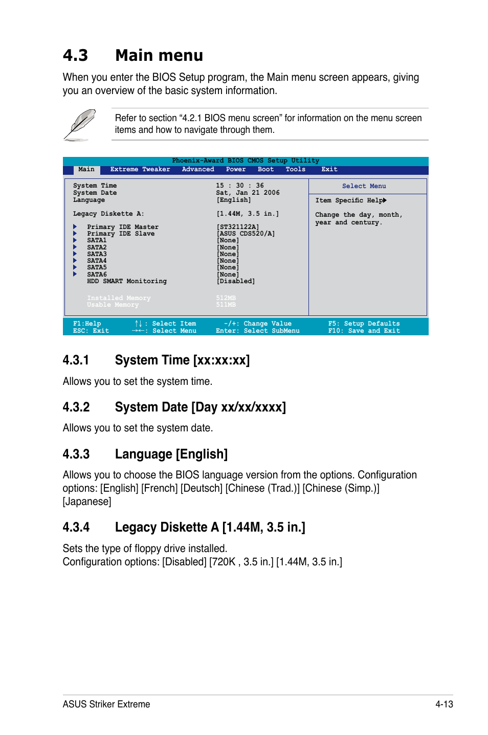 3 main menu, 1 system time [xx:xx:xx, 3 language [english | Allows you to set the system time, Allows you to set the system date | Asus Striker Extreme User Manual | Page 87 / 172