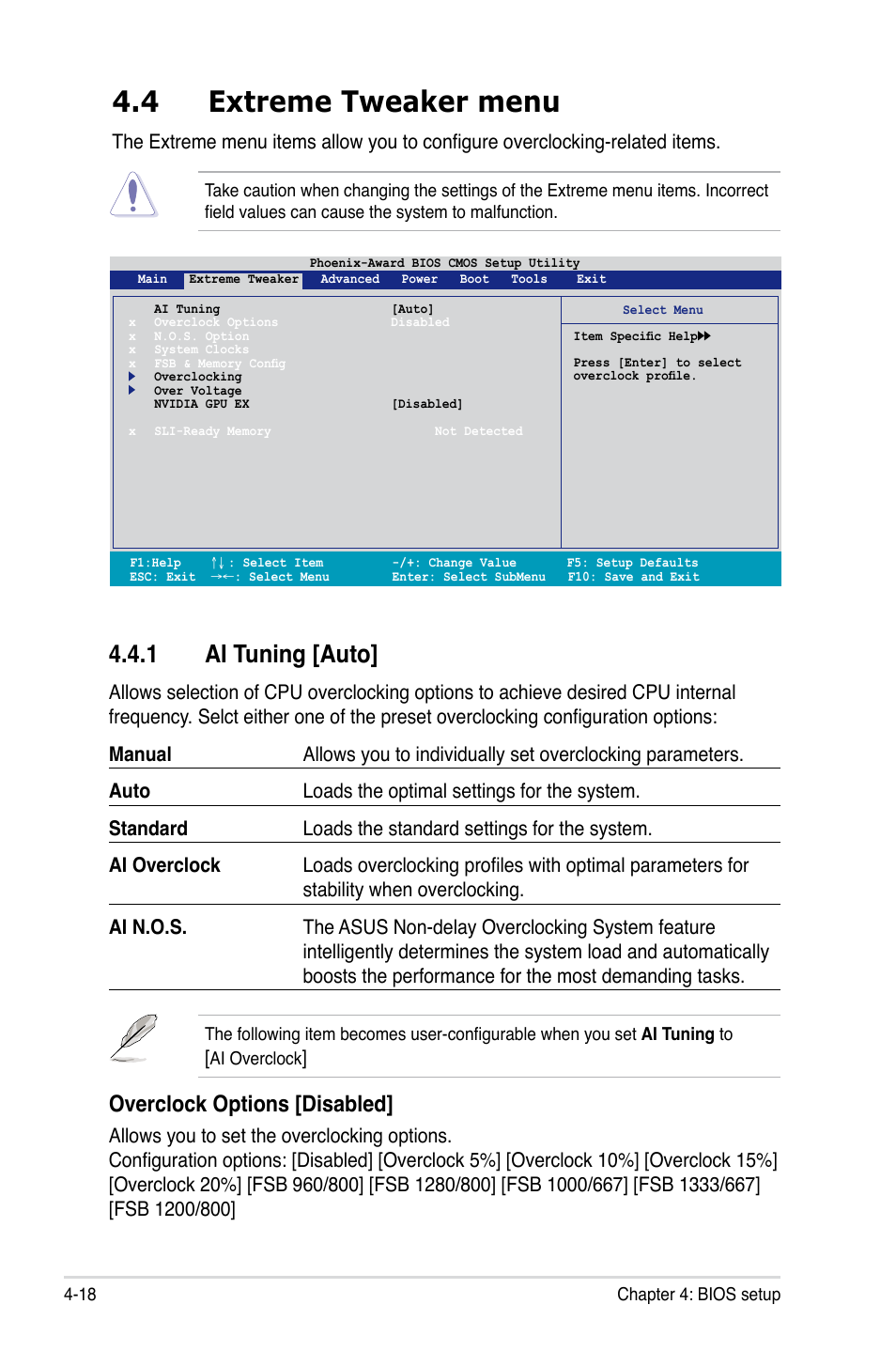 4 extreme tweaker menu, 1 ai tuning [auto, Overclock options [disabled | Asus Striker Extreme User Manual | Page 92 / 172