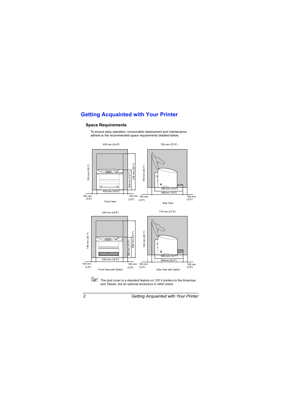 Getting acquainted with your printer, Space requirements, Getting acquainted with your printer 2 | Space requirements 2 | Konica Minolta magicolor 2500W User Manual | Page 10 / 108