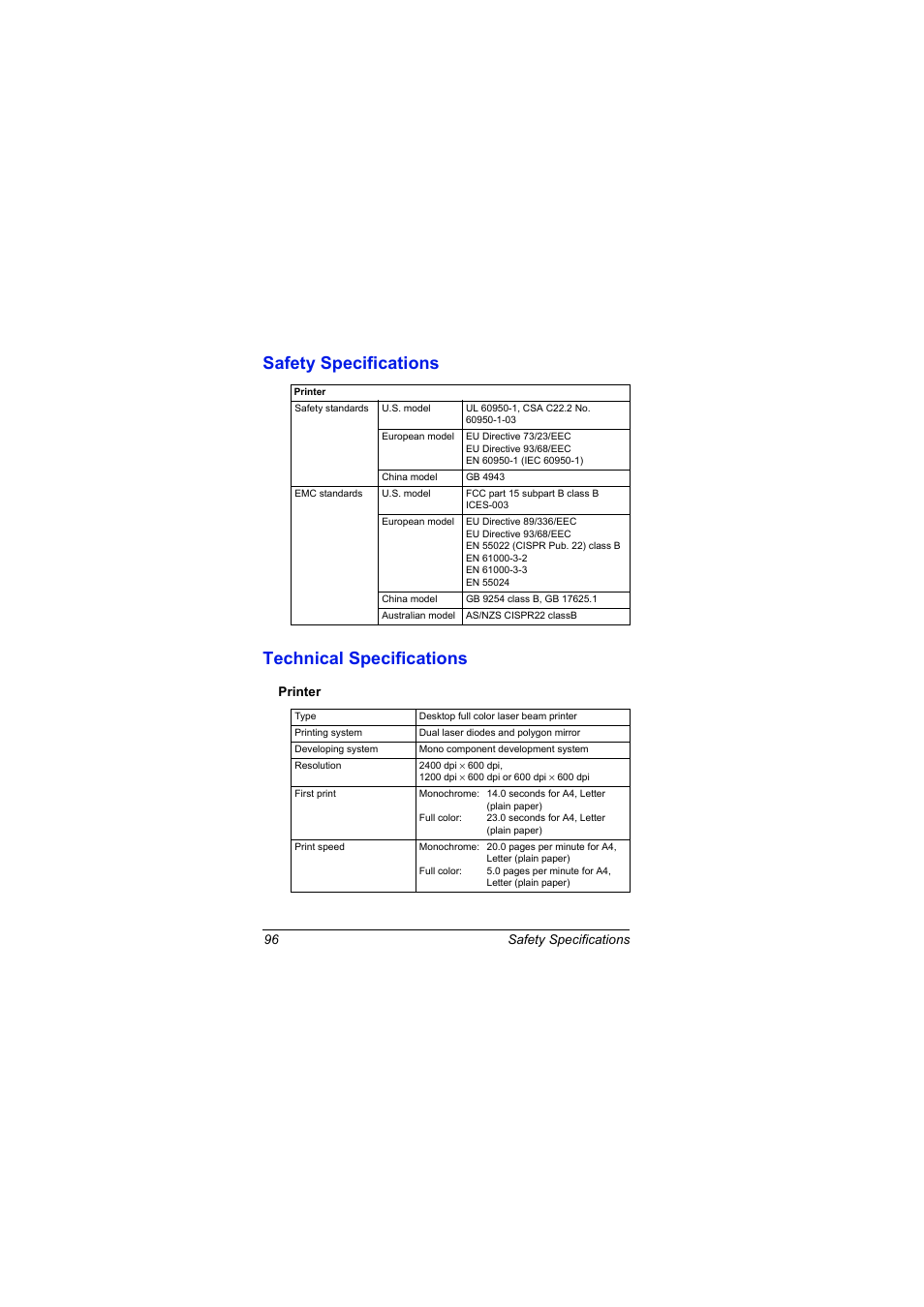 Safety specifications, Technical specifications, Printer | Printer 96, Safety specifications technical specifications | Konica Minolta magicolor 2500W User Manual | Page 104 / 108