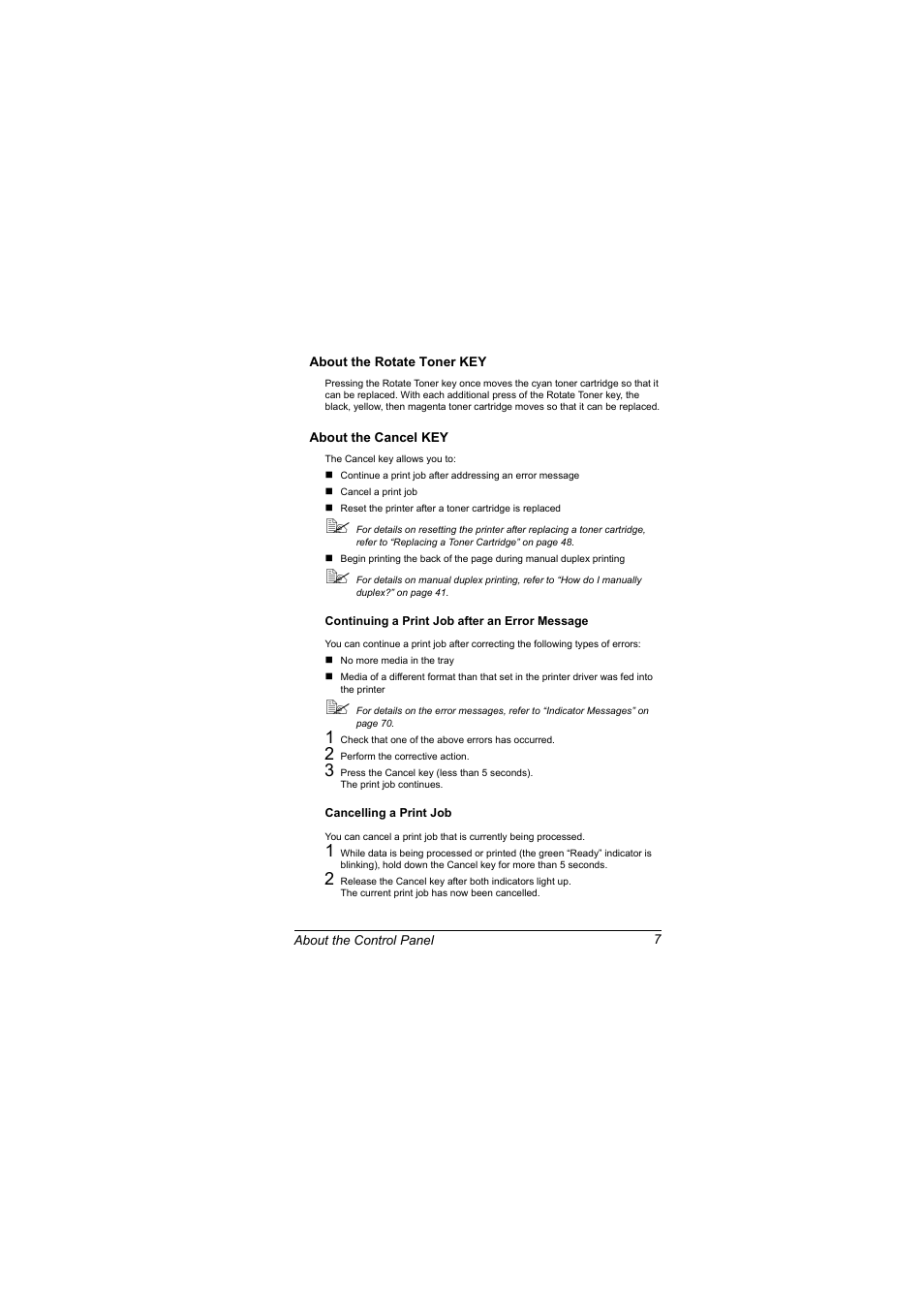 About the rotate toner key, About the cancel key, Continuing a print job after an error message | Cancelling a print job | Konica Minolta magicolor 2500W User Manual | Page 15 / 108