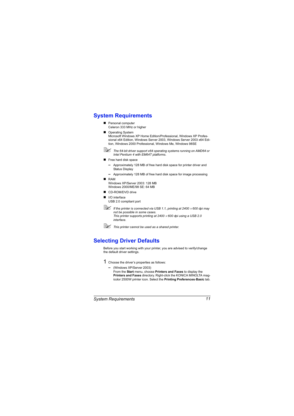 System requirements, Selecting driver defaults | Konica Minolta magicolor 2500W User Manual | Page 19 / 108