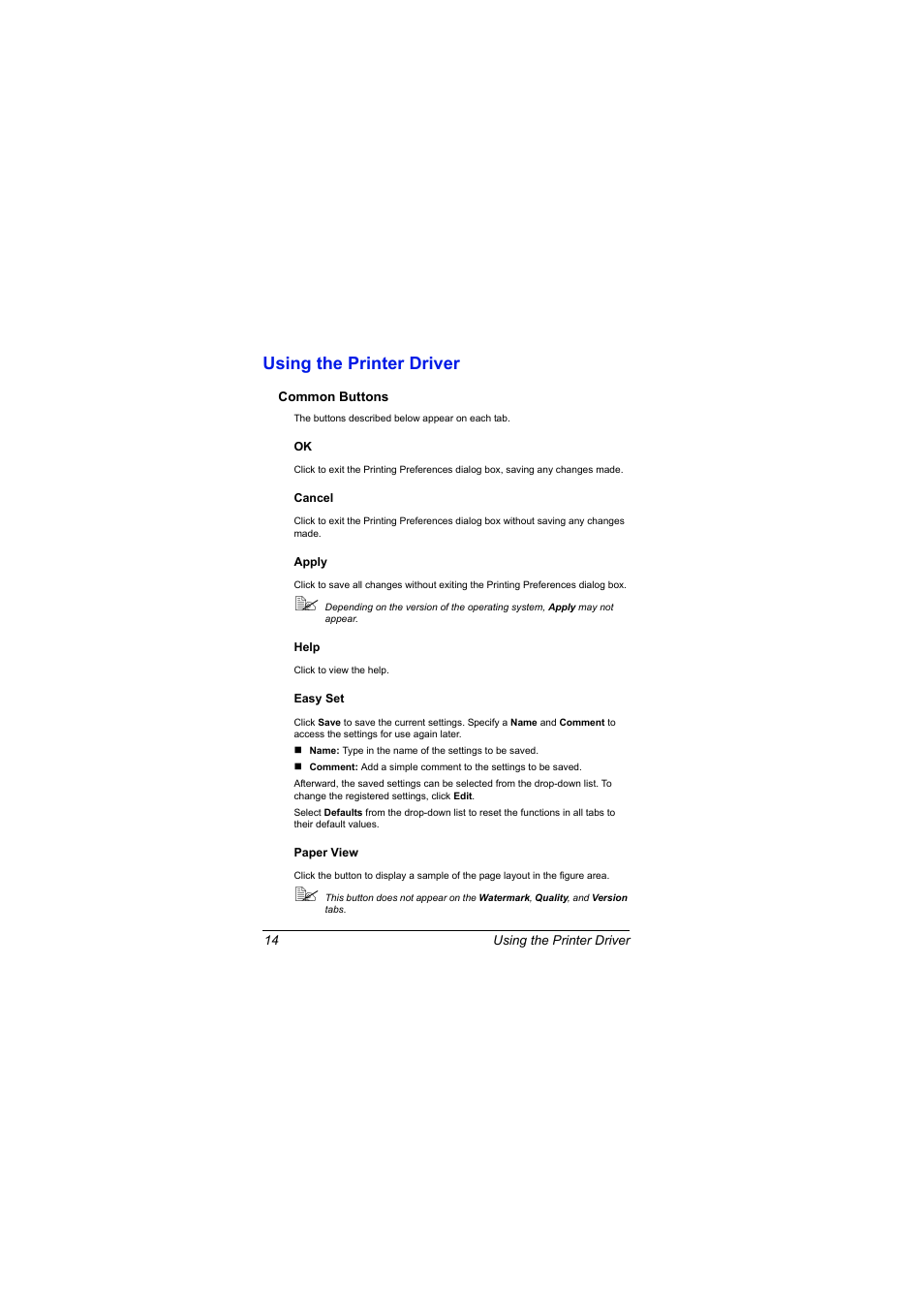 Using the printer driver, Common buttons, Cancel | Apply, Help, Easy set, Paper view, Using the printer driver 14, Common buttons 14 | Konica Minolta magicolor 2500W User Manual | Page 22 / 108