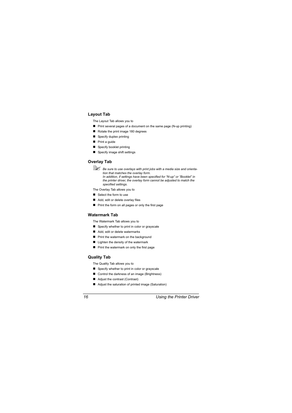 Layout tab, Overlay tab, Watermark tab | Quality tab | Konica Minolta magicolor 2500W User Manual | Page 24 / 108