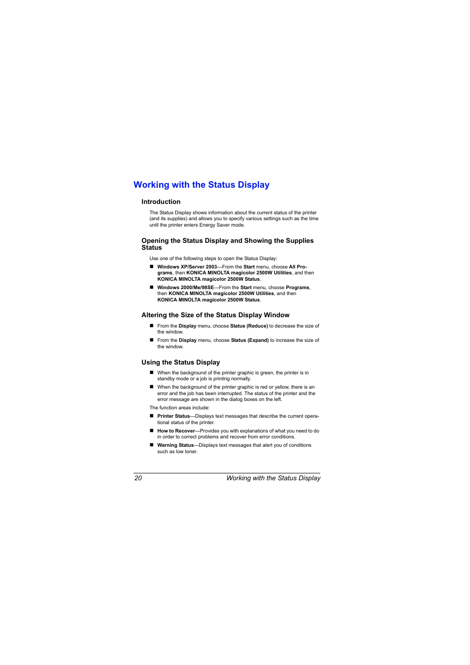 Working with the status display, Introduction, Altering the size of the status display window | Using the status display, Working with the status display 20 | Konica Minolta magicolor 2500W User Manual | Page 28 / 108