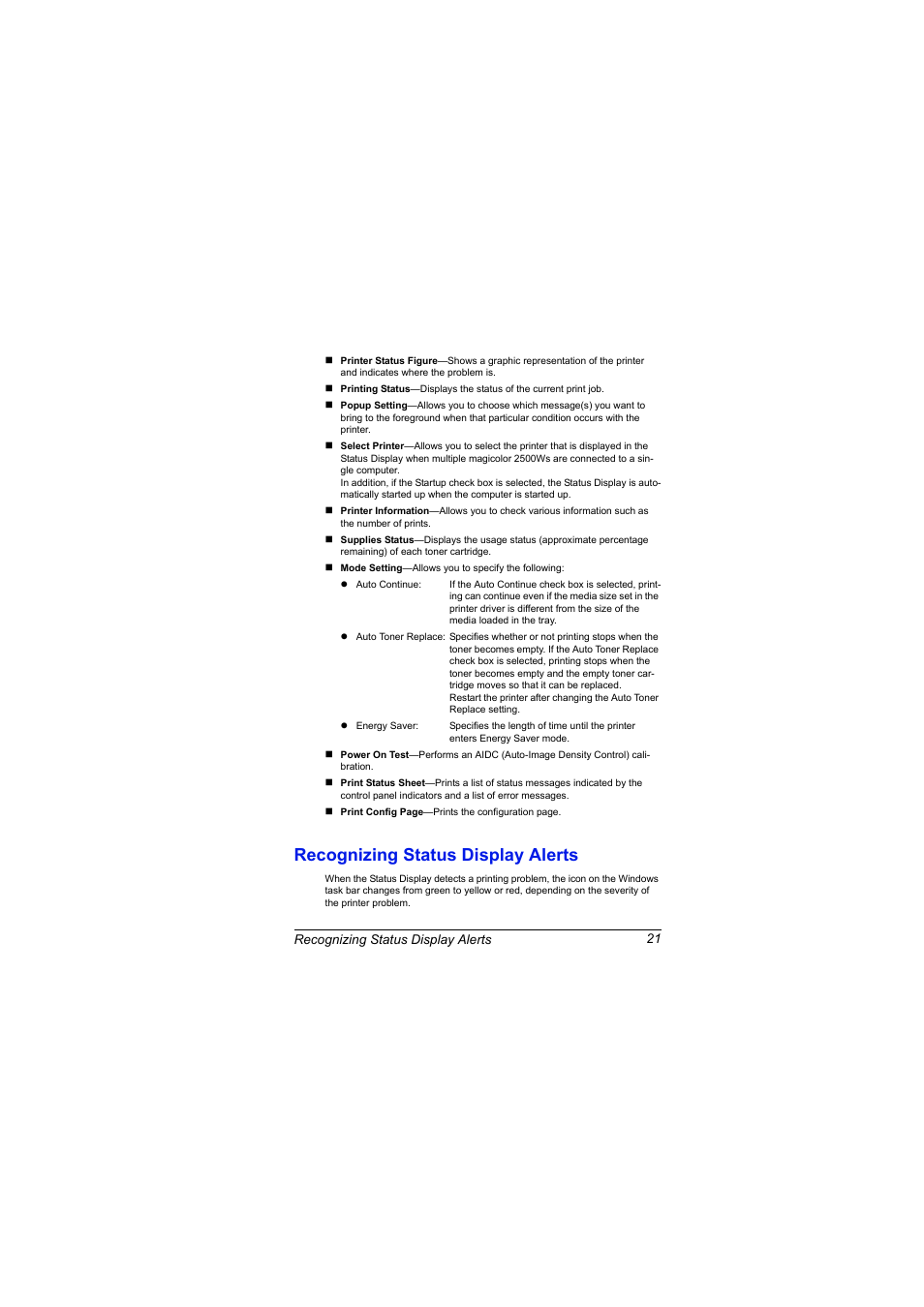 Recognizing status display alerts, Recognizing status display alerts 21 | Konica Minolta magicolor 2500W User Manual | Page 29 / 108