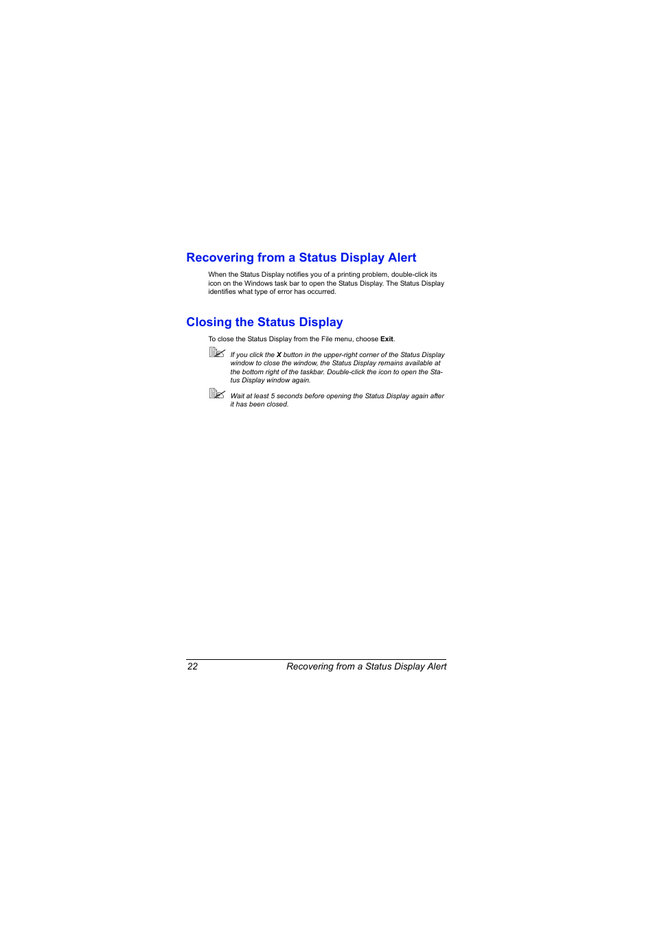 Recovering from a status display alert, Closing the status display | Konica Minolta magicolor 2500W User Manual | Page 30 / 108