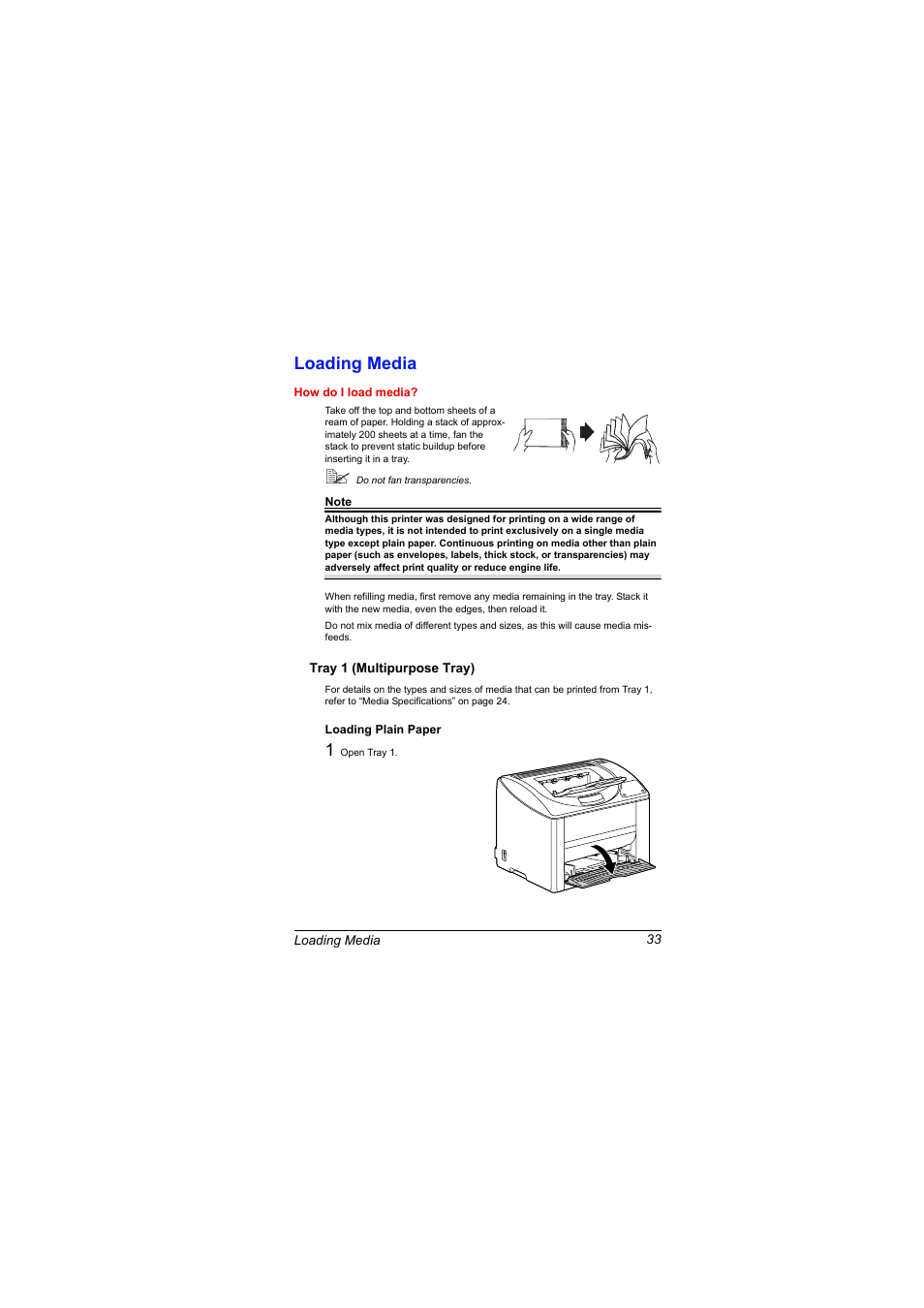 Loading media, Tray 1 (multipurpose tray), Loading plain paper | Loading media 33, Tray 1 (multipurpose tray) 33, Loading plain paper 33 | Konica Minolta magicolor 2500W User Manual | Page 41 / 108