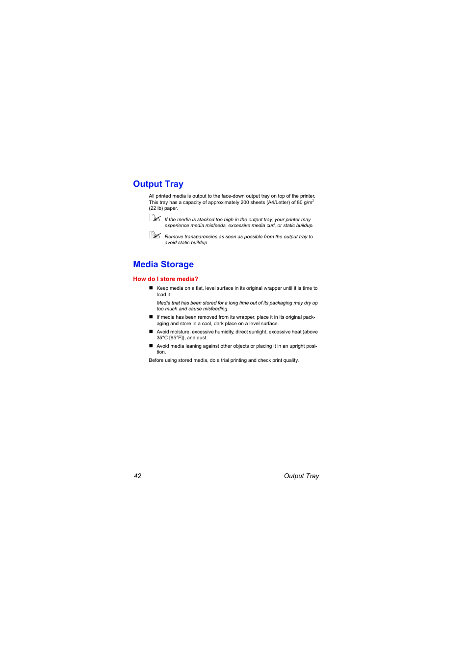Output tray, Media storage, Output tray 42 media storage 42 | Konica Minolta magicolor 2500W User Manual | Page 50 / 108