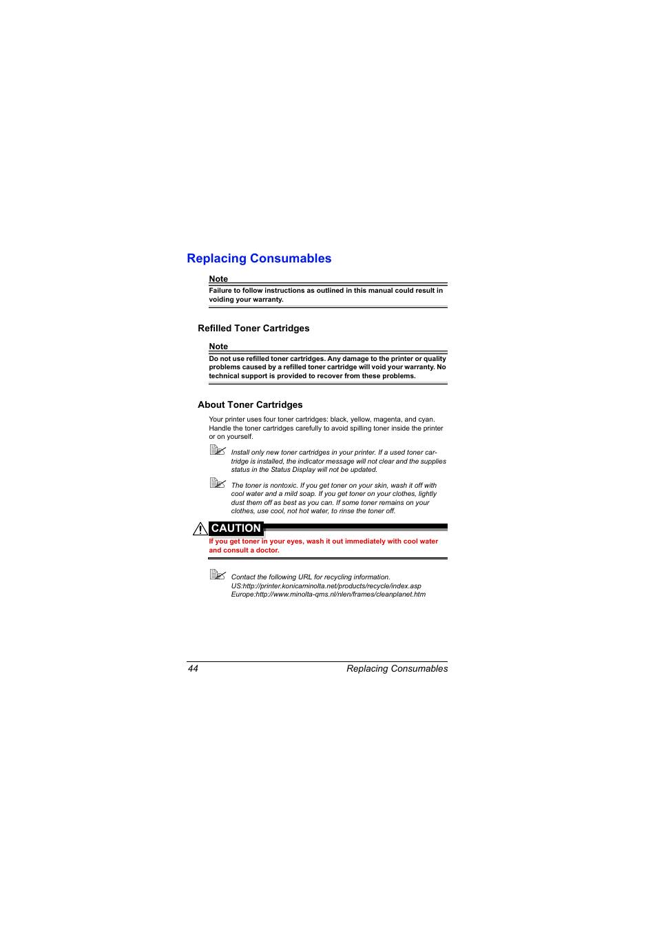 Replacing consumables, Refilled toner cartridges, About toner cartridges | Replacing consumables 44 | Konica Minolta magicolor 2500W User Manual | Page 52 / 108