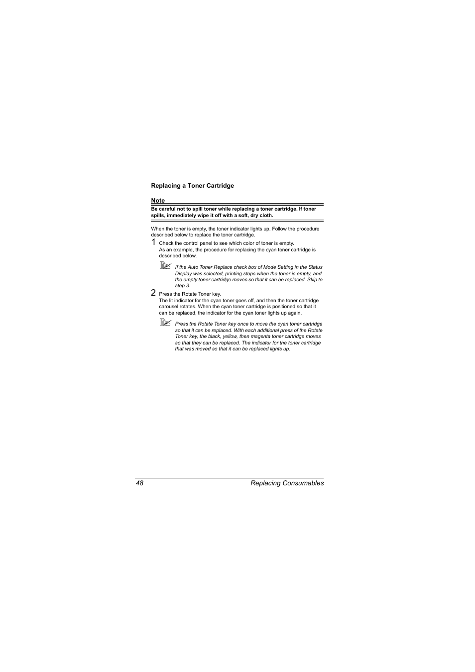 Replacing a toner cartridge, Replacing a toner cartridge 48 | Konica Minolta magicolor 2500W User Manual | Page 56 / 108