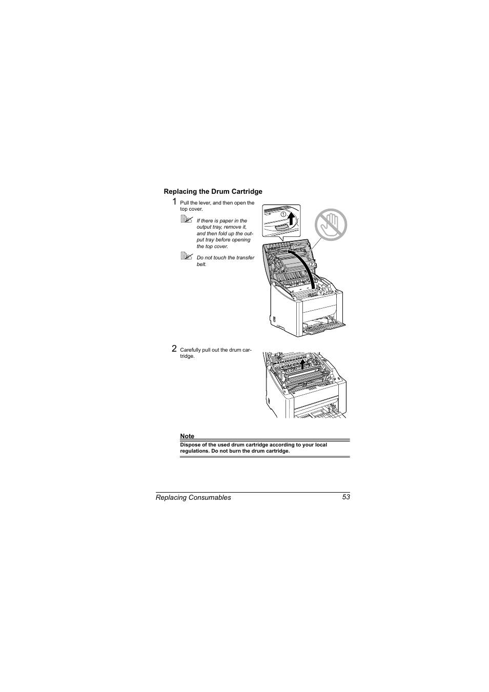 Replacing the drum cartridge, Replacing the drum cartridge 53 | Konica Minolta magicolor 2500W User Manual | Page 61 / 108