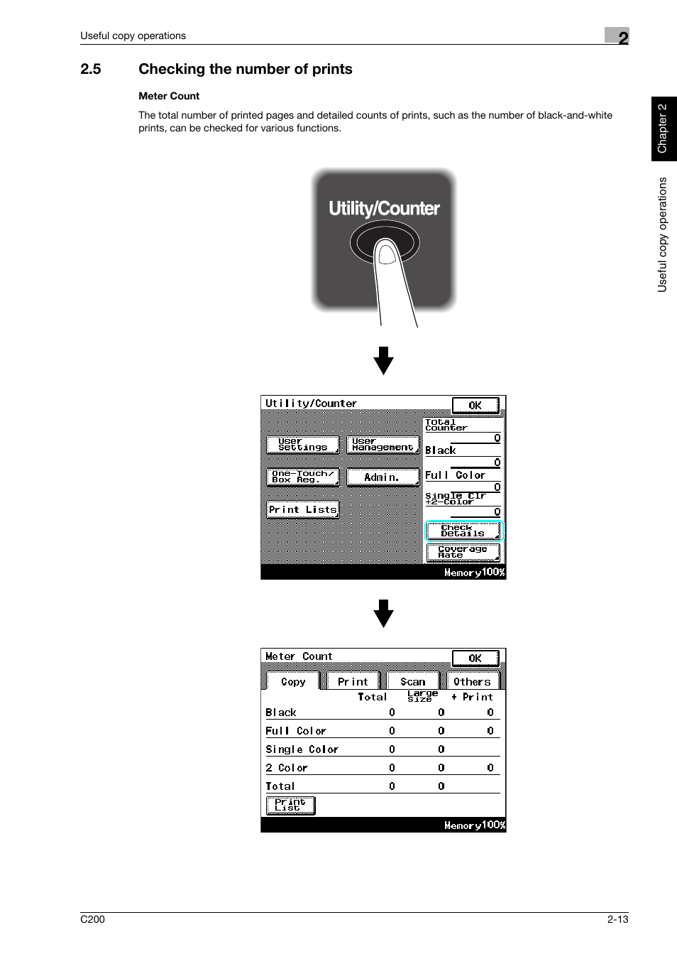 5 checking the number of prints, Meter count, Checking the number of prints -13 | Konica Minolta bizhub C200 User Manual | Page 102 / 186