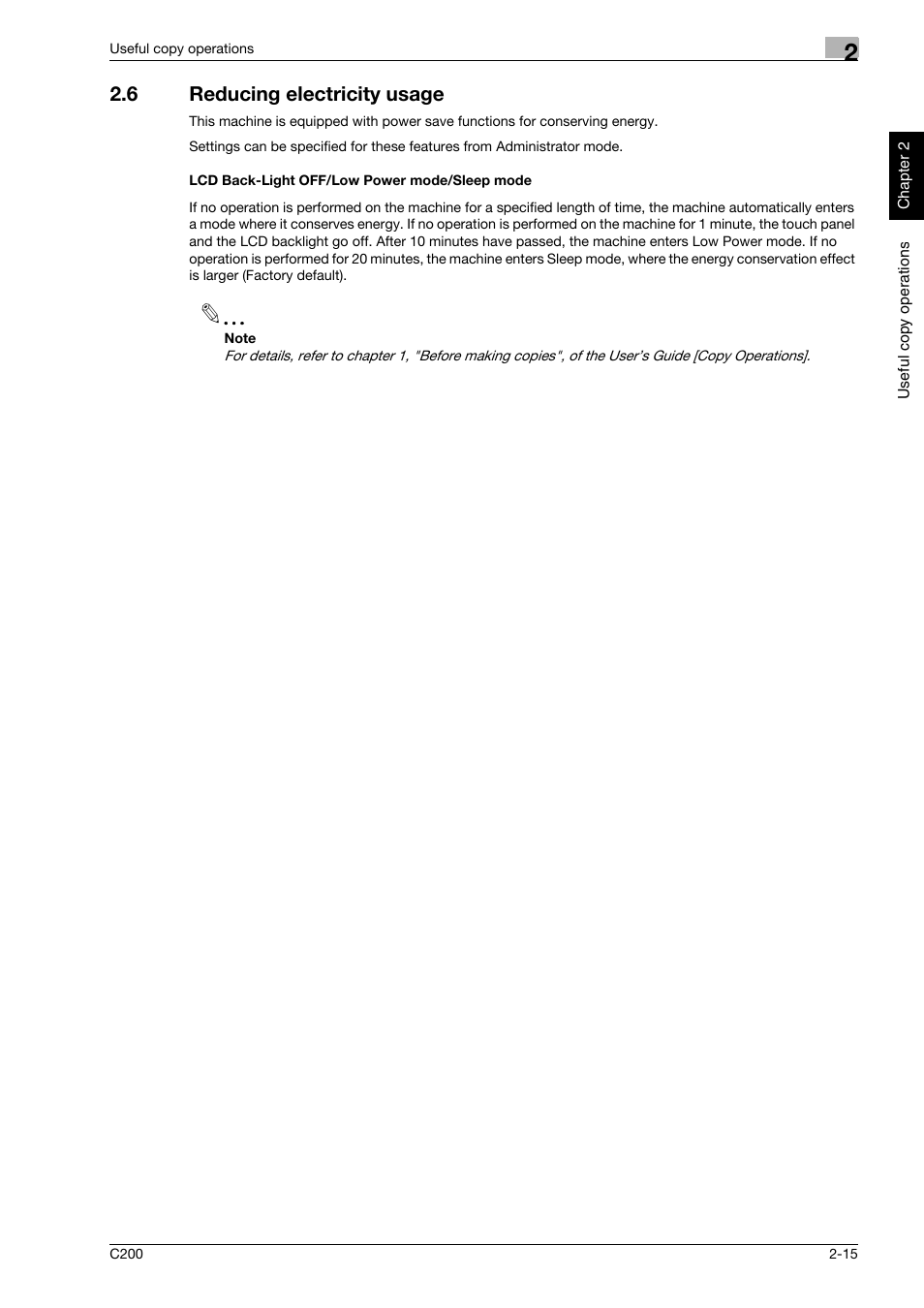 6 reducing electricity usage, Lcd back-light off/low power mode/sleep mode, Reducing electricity usage -15 | Konica Minolta bizhub C200 User Manual | Page 104 / 186