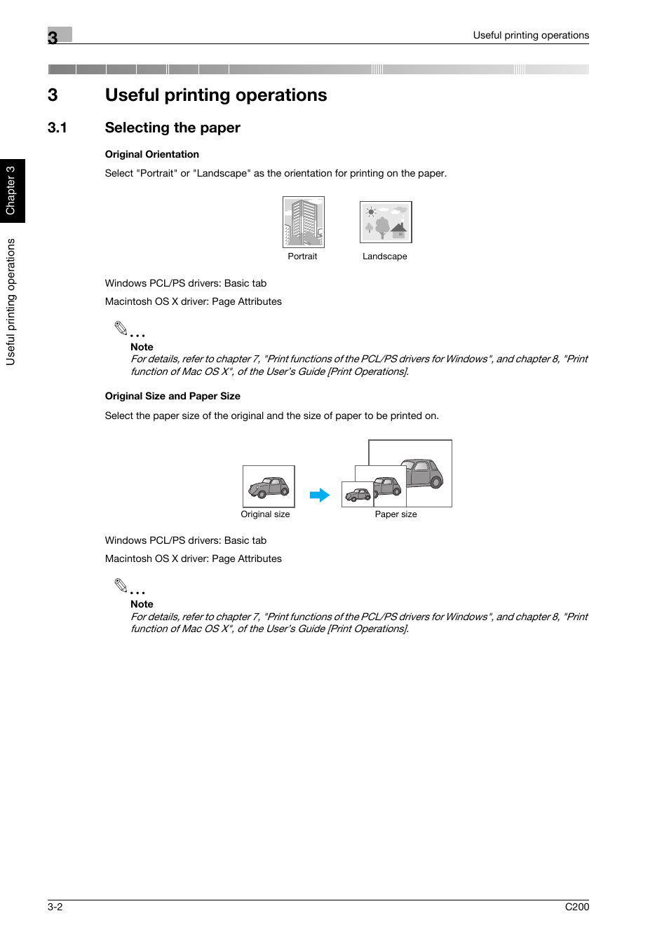 3 useful printing operations, 1 selecting the paper, Original orientation | Original size and paper size, Useful printing operations, Selecting the paper -2, 3useful printing operations | Konica Minolta bizhub C200 User Manual | Page 107 / 186