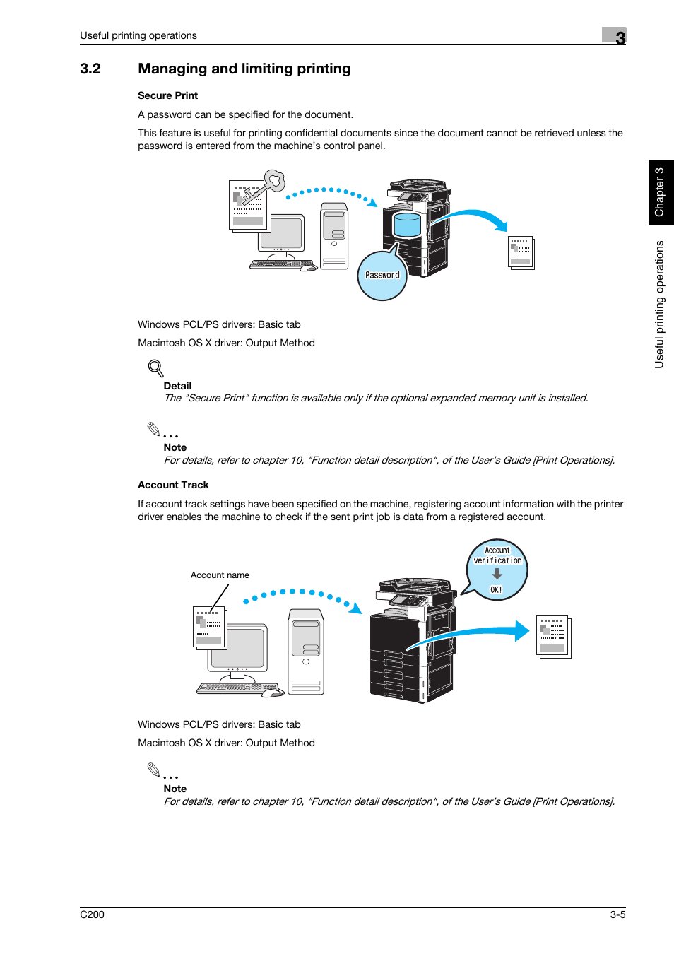 2 managing and limiting printing, Secure print, Account track | Managing and limiting printing -5 | Konica Minolta bizhub C200 User Manual | Page 110 / 186