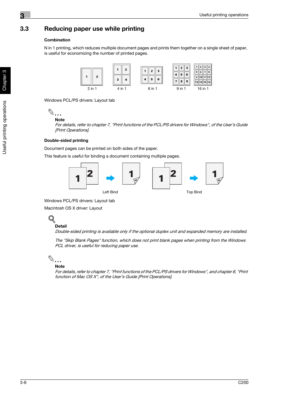 3 reducing paper use while printing, Combination, Double-sided printing | Reducing paper use while printing -6 | Konica Minolta bizhub C200 User Manual | Page 111 / 186