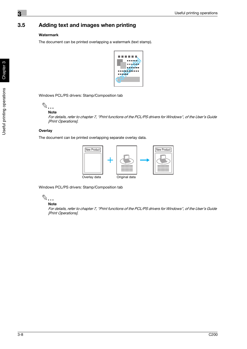 5 adding text and images when printing, Watermark, Overlay | Adding text and images when printing -8, Confidential | Konica Minolta bizhub C200 User Manual | Page 113 / 186