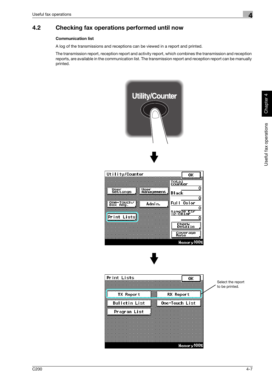 2 checking fax operations performed until now, Communication list, Checking fax operations performed until now -7 | Konica Minolta bizhub C200 User Manual | Page 122 / 186