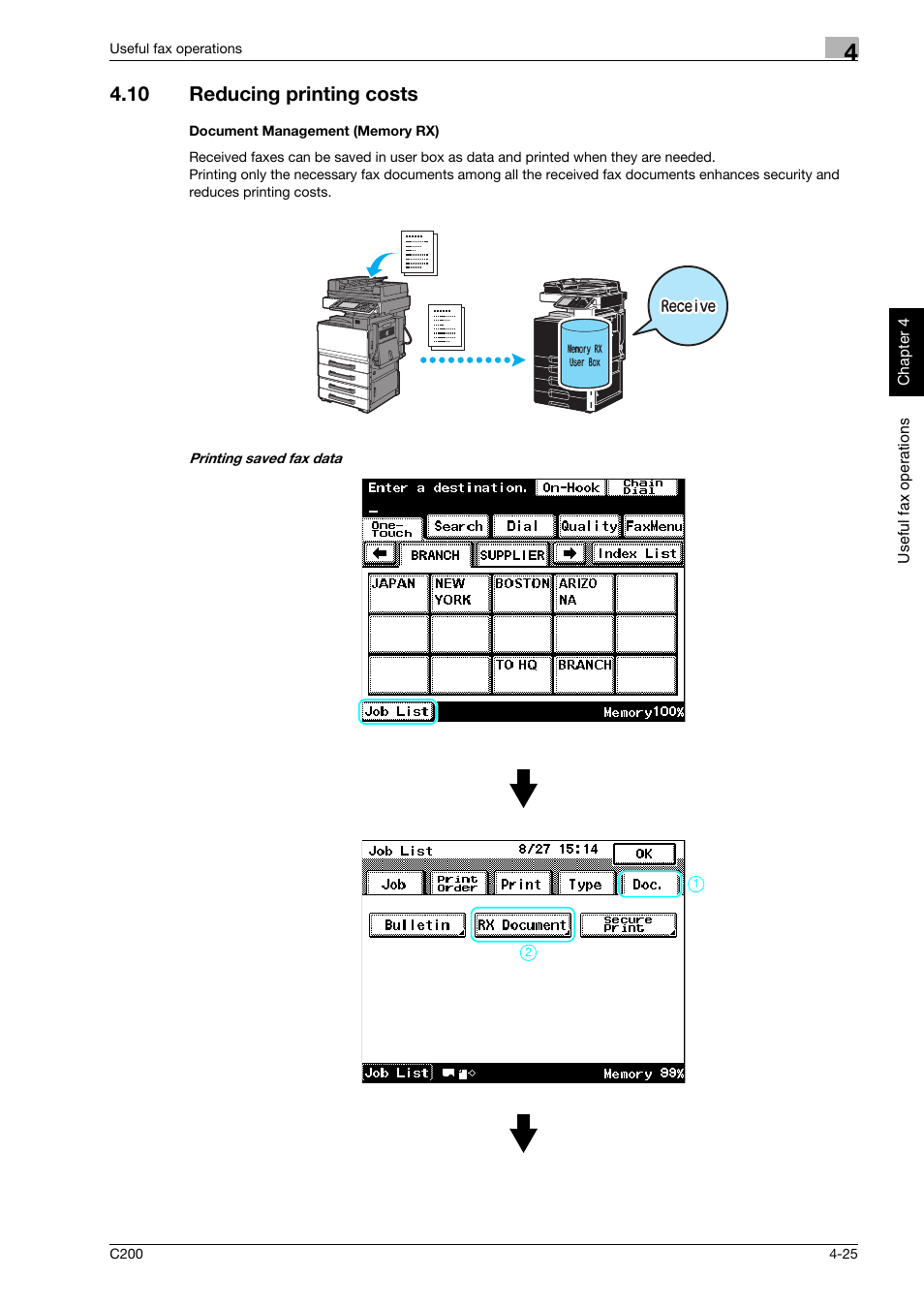 10 reducing printing costs, Document management (memory rx), Reducing printing costs -25 | Konica Minolta bizhub C200 User Manual | Page 140 / 186