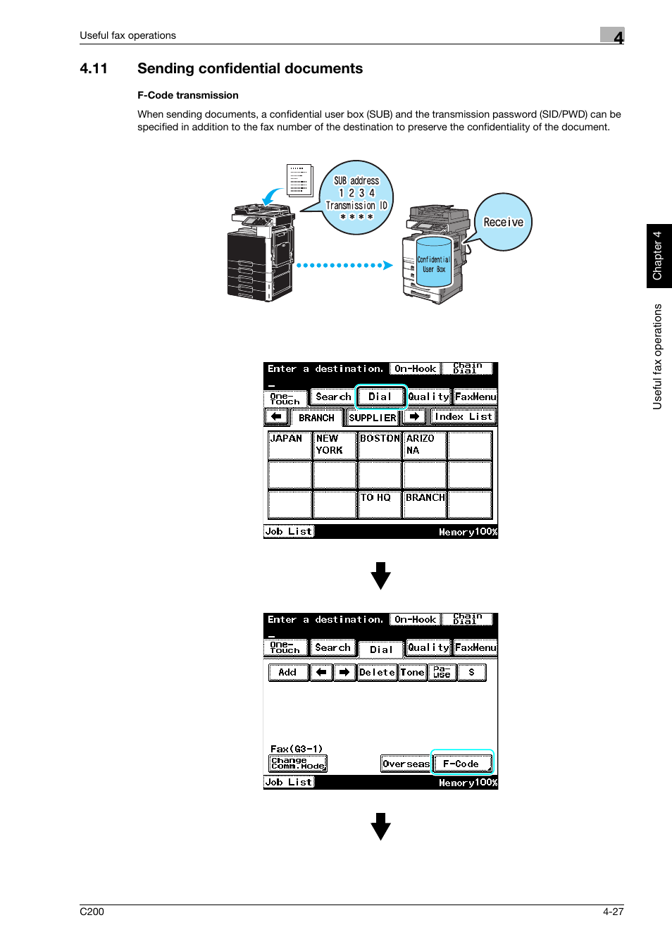 11 sending confidential documents, F-code transmission, Sending confidential documents -27 | Konica Minolta bizhub C200 User Manual | Page 142 / 186