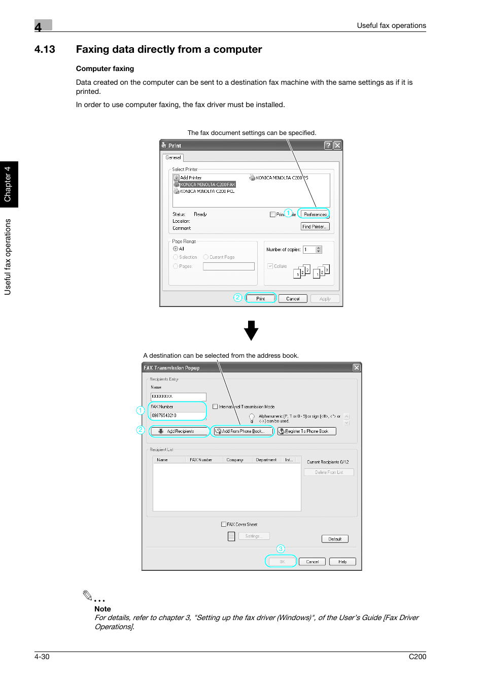 13 faxing data directly from a computer, Computer faxing, Faxing data directly from a computer -30 | Konica Minolta bizhub C200 User Manual | Page 145 / 186