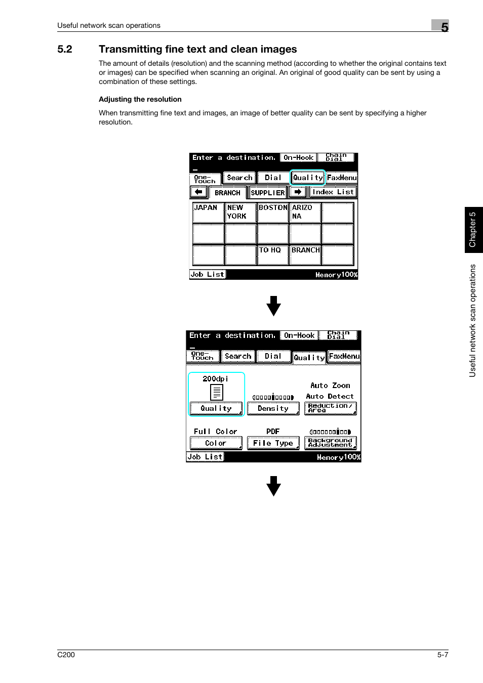 2 transmitting fine text and clean images, Adjusting the resolution, Transmitting fine text and clean images -7 | Konica Minolta bizhub C200 User Manual | Page 154 / 186