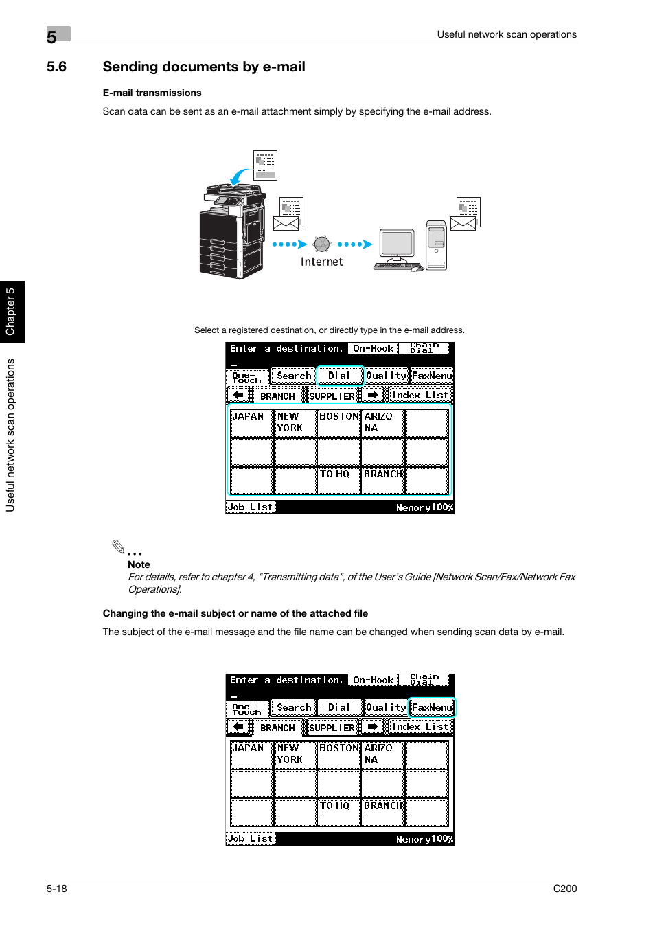 6 sending documents by e-mail, E-mail transmissions, Sending documents by e-mail -18 | Konica Minolta bizhub C200 User Manual | Page 165 / 186