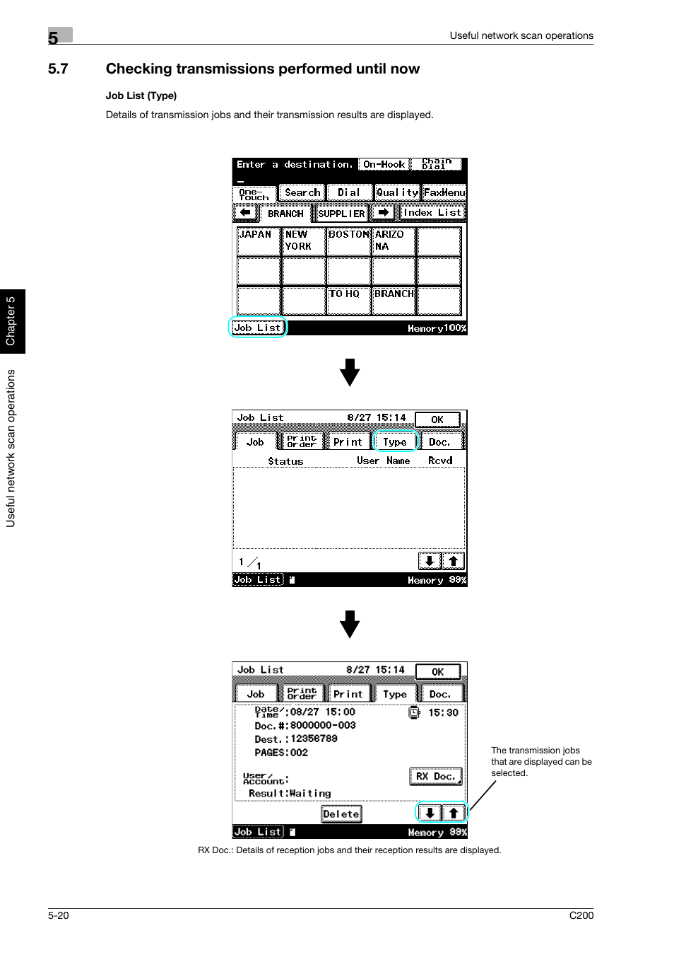 7 checking transmissions performed until now, Job list (type), Checking transmissions performed until now -20 | Konica Minolta bizhub C200 User Manual | Page 167 / 186