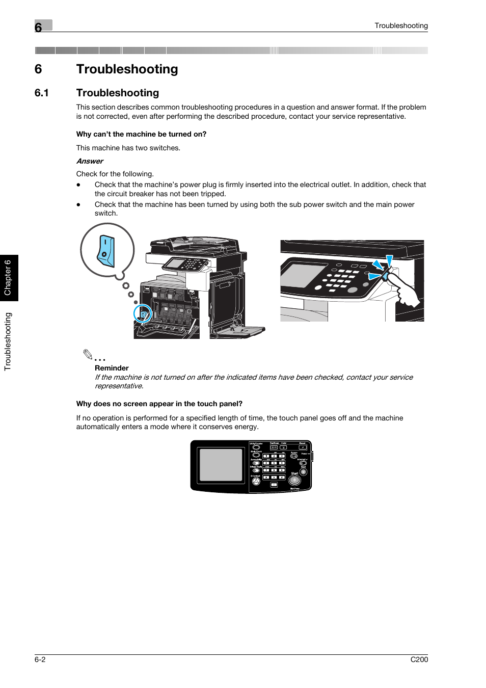 6 troubleshooting, 1 troubleshooting, Why can’t the machine be turned on | Why does no screen appear in the touch panel, Troubleshooting, Troubleshooting -2, 6troubleshooting | Konica Minolta bizhub C200 User Manual | Page 171 / 186