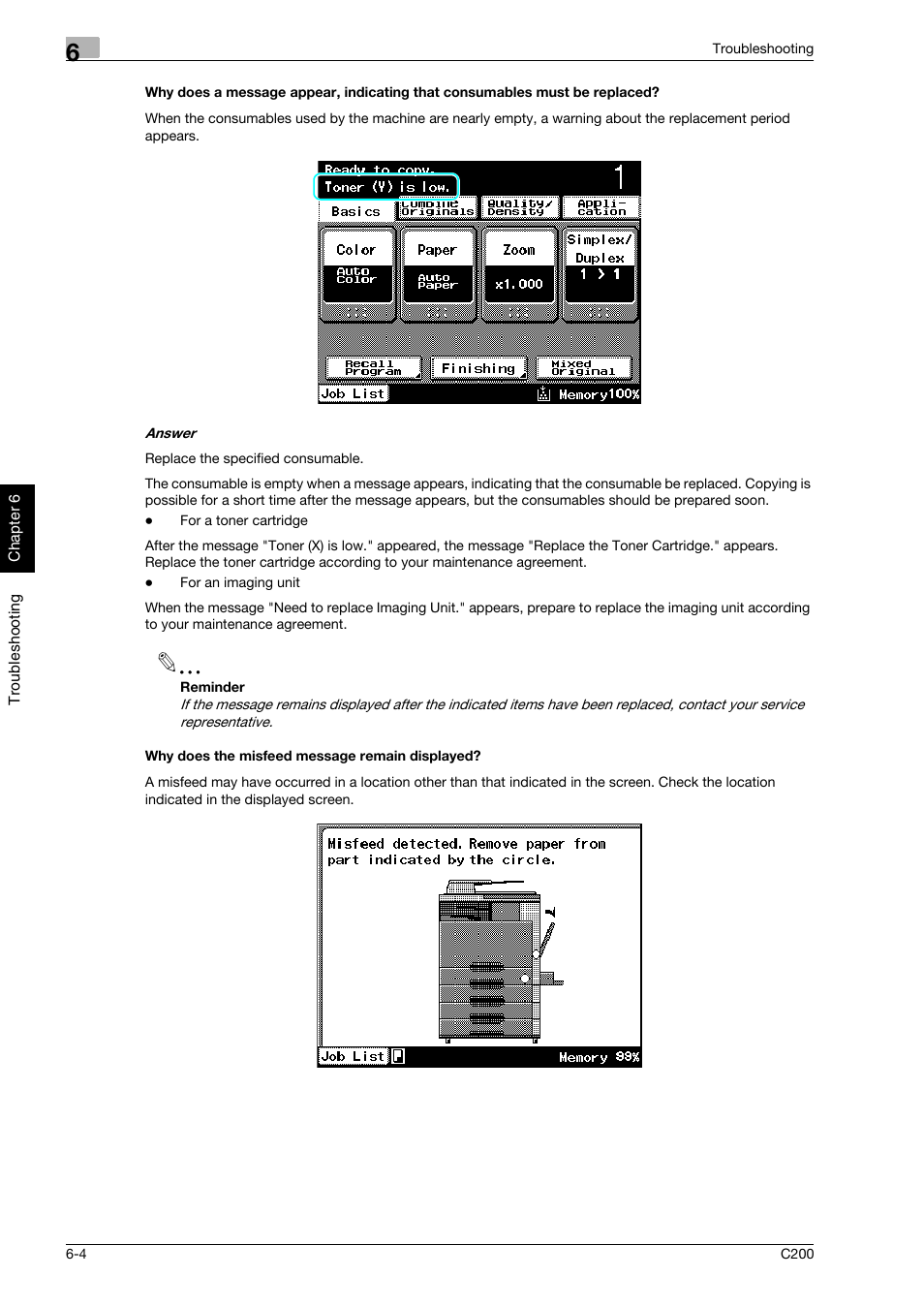 Why does the misfeed message remain displayed | Konica Minolta bizhub C200 User Manual | Page 173 / 186